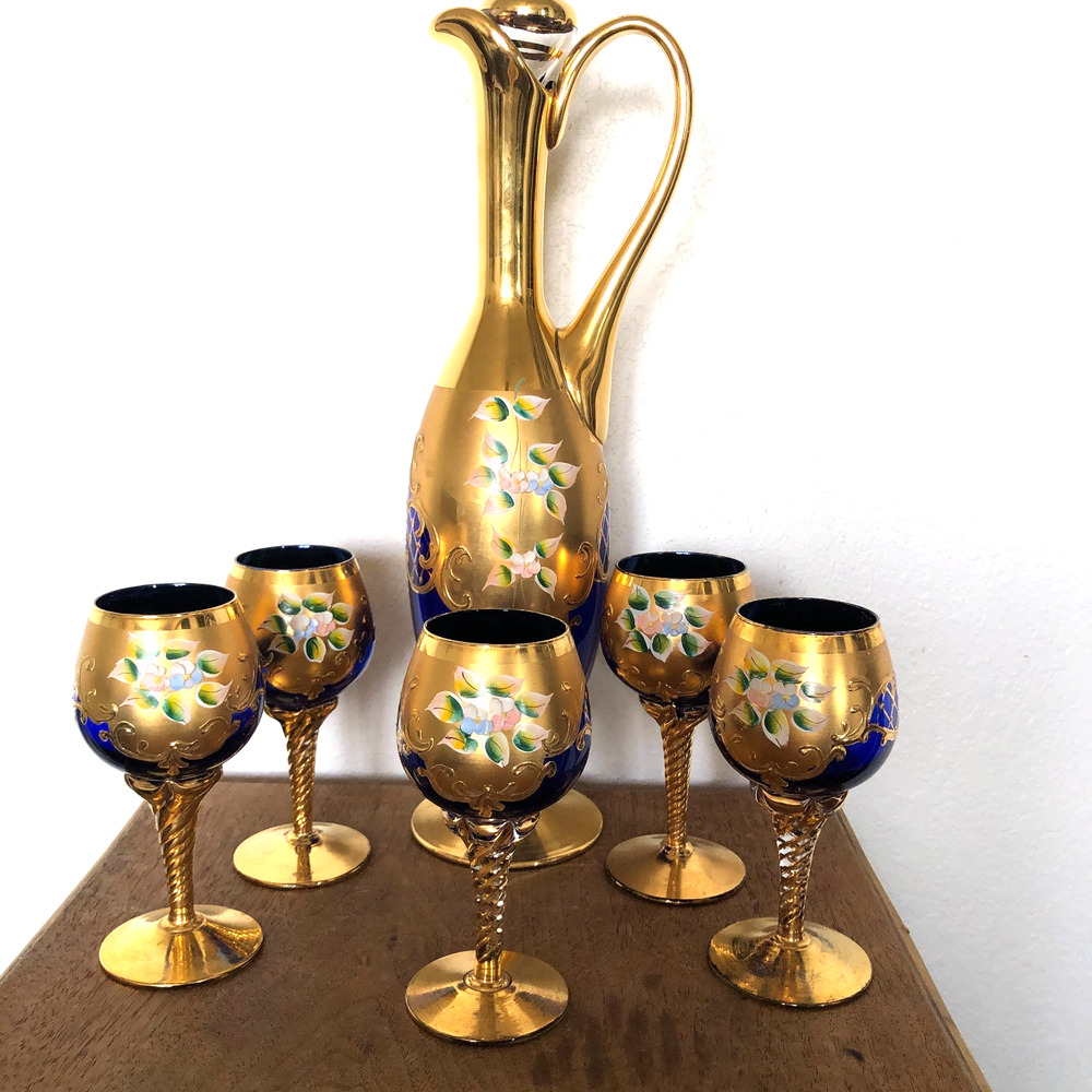 Murano Venetian Blue Glass Decanter 24Kt Gold Lf Hand Painted 5 Wine Glasses